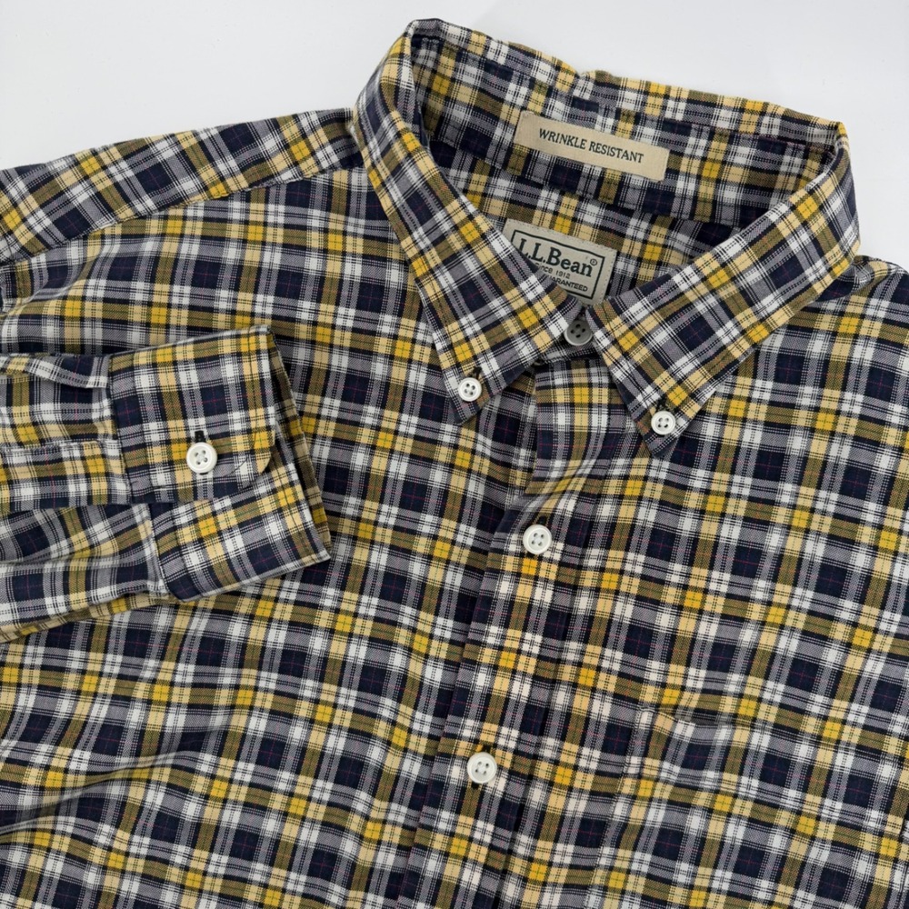 LLBean Mens Plaid‎ Button Down Shirt Long Sleeve Medium Yellow Navy